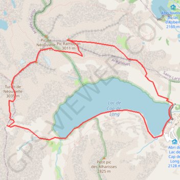 Trace GPS Turon de Néouvielle et Trois Conseillers par hourquette de Bugarret, Ramougn depuis Cap de Long, itinéraire, parcours