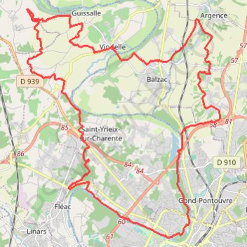 Trace GPS St Yriex /Charente vers Fregeneuil 39 kms, itinéraire, parcours