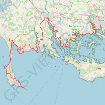 Trace GPS Randonnée entre Quiberon et Vannes à pied ou à VTT, itinéraire, parcours