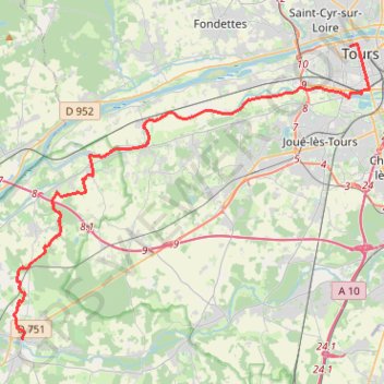 Trace GPS 9 Azay le Rideau-Tours: 33.80 km, itinéraire, parcours