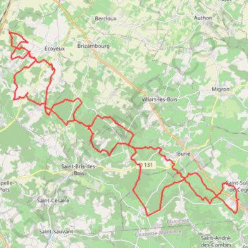 Trace GPS St Sulpice vers Ecoyeux BIS 53 kms pour 48 kms, itinéraire, parcours